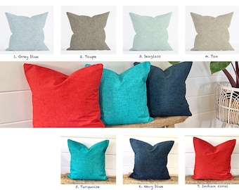 Solid color outdoor pillow cover, Navy Grey Blue turquoise Sea glass coral light grey taupe Tan Outdoor Pillow
