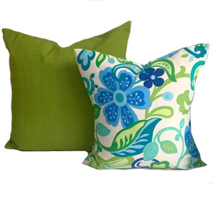 Two Blue and Green Outdoor pillow covers, Turquoise blue green Outdoor Pillow, One Floral and One Sold Green decorative throw pillow image 1