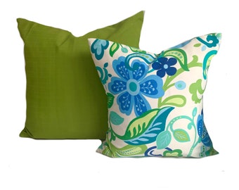 Two Blue and Green Outdoor pillow covers, Turquoise blue green Outdoor Pillow, One Floral and One Sold Green decorative throw pillow