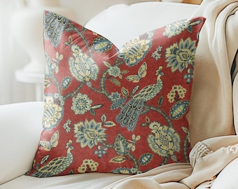 Dark red pheasant floral pillow cover, Burgundy Medallion tapestry print decorative Pillow
