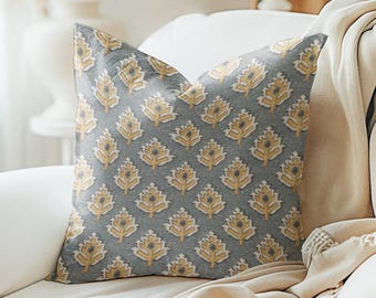 Funda de almohada con estampado de bloques de magnolia, almohada decorativa con estampado de hojas abstractas y estampado de bloques de color gris y amarillo mostaza