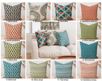 Scott Living Designer Pillow covers, Olive green Teal Blue Sandstone red abstract geometric stripe dot chevron Medallion Decorative Pillow