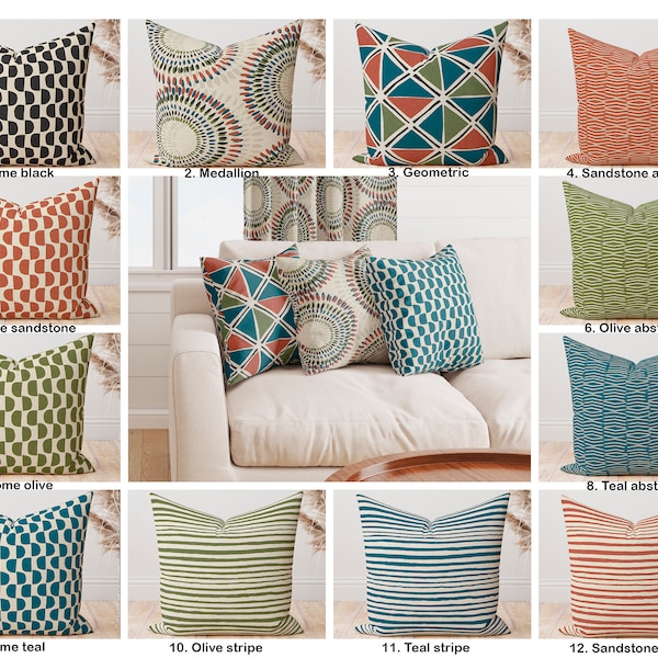 Scott Living Designer Pillow covers, Olive green Teal Blue Sandstone red abstract geometric stripe dot chevron Medallion Decorative Pillow