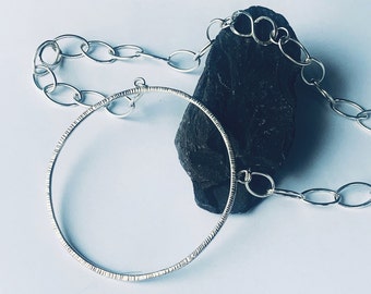 Silver hoop pendant,hoop pendant,hoop necklace,silver 925 hoop pendant,hoop forged pendant,hoop chain,Large hoop silver oxidised necklace