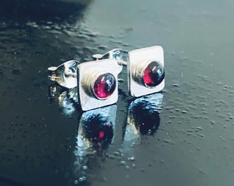 Recycled Sterling Silver Garnet Stud Earrings, Garnet Stud Earrings, Silver stud earrings, Sterling silver stud earrings, garnet earrings