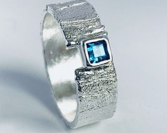 Recycled Sterling Silver London Blue Topaz Ring  Handmade sterling silver ring, featuring a 3 mm square London blue topaz