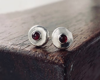 Recycled sterling silver gemstone garnet stud earrings, elegant silver stud earrings