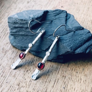 Silver dangle earrings, silver earrings, silver garnet & moonstone dangle earrings