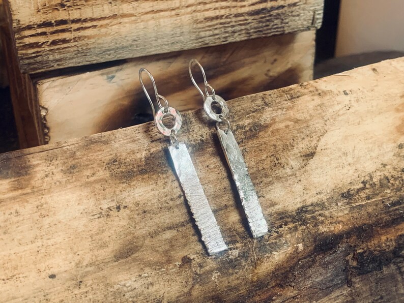 Silver drop earrings, sterling silver earrings, recyceld sterling silver drop earrings, hammered silver stud dangle earrings, handmade image 5