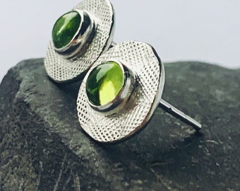 Recycled Sterling Silver Peridot Textured Disc Stud Earrings, Peridot textured stud earrings, silver stud earrings