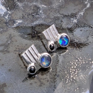 OPAL and ONYX STUDS Handmade Sterling Silver Opal & Onyx Stud Earrings
