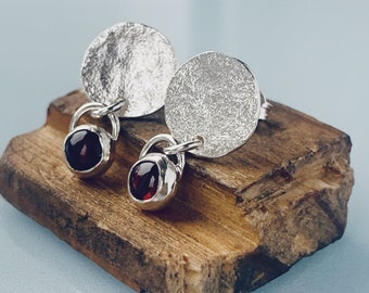 Recycled Sterling Silver Garnet Drop Stud Earrings