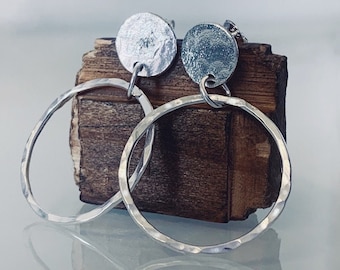 silver Stud hoop earrings, sterling silver hammered & textured earrings, handmade using silversmith techniques only made in the UK