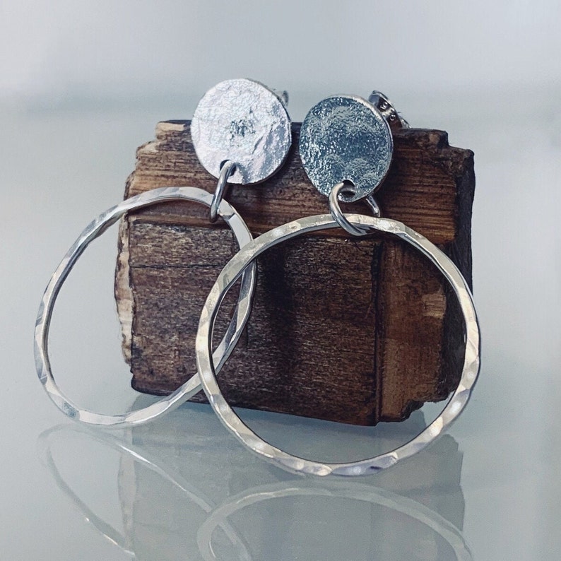 silver Stud hoop earrings, sterling silver hammered & textured earrings, handmade using silversmith techniques only made in the UK image 1