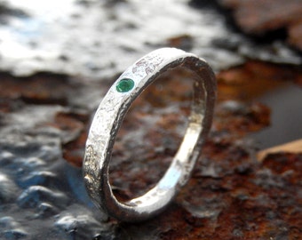 Textured Sterling Silver Emerald Ring - Handmade Artisan Jewelry
