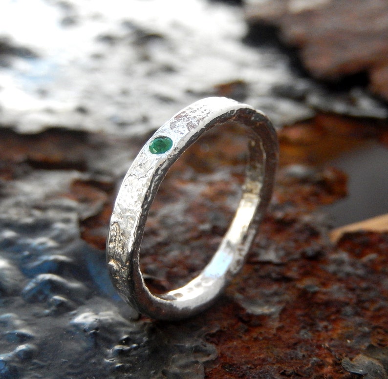 Recycled Sterling Silver Natural Emerald Ring, sterling silver emerald textured ring image 1