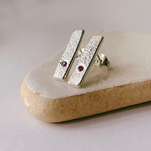 Silver stud earrings, Silver Ruby stud earrings Heat textured set with Rubies, silver earrings, silver studs