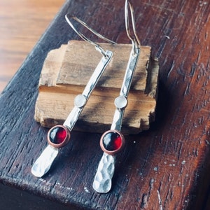 Silver dangle earrings, silver earrings, silver garnet & moonstone dangle earrings