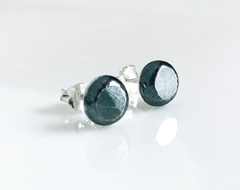 Oxidized Sterling Silver Stud Earrings: Hammered Recycled Silver