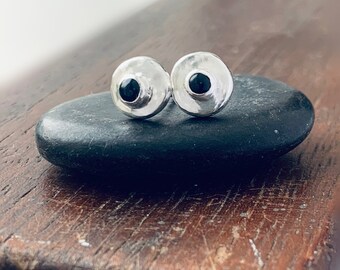 Recycled sterling silver gemstone black onyx stud earrings, elegant silver stud earrings