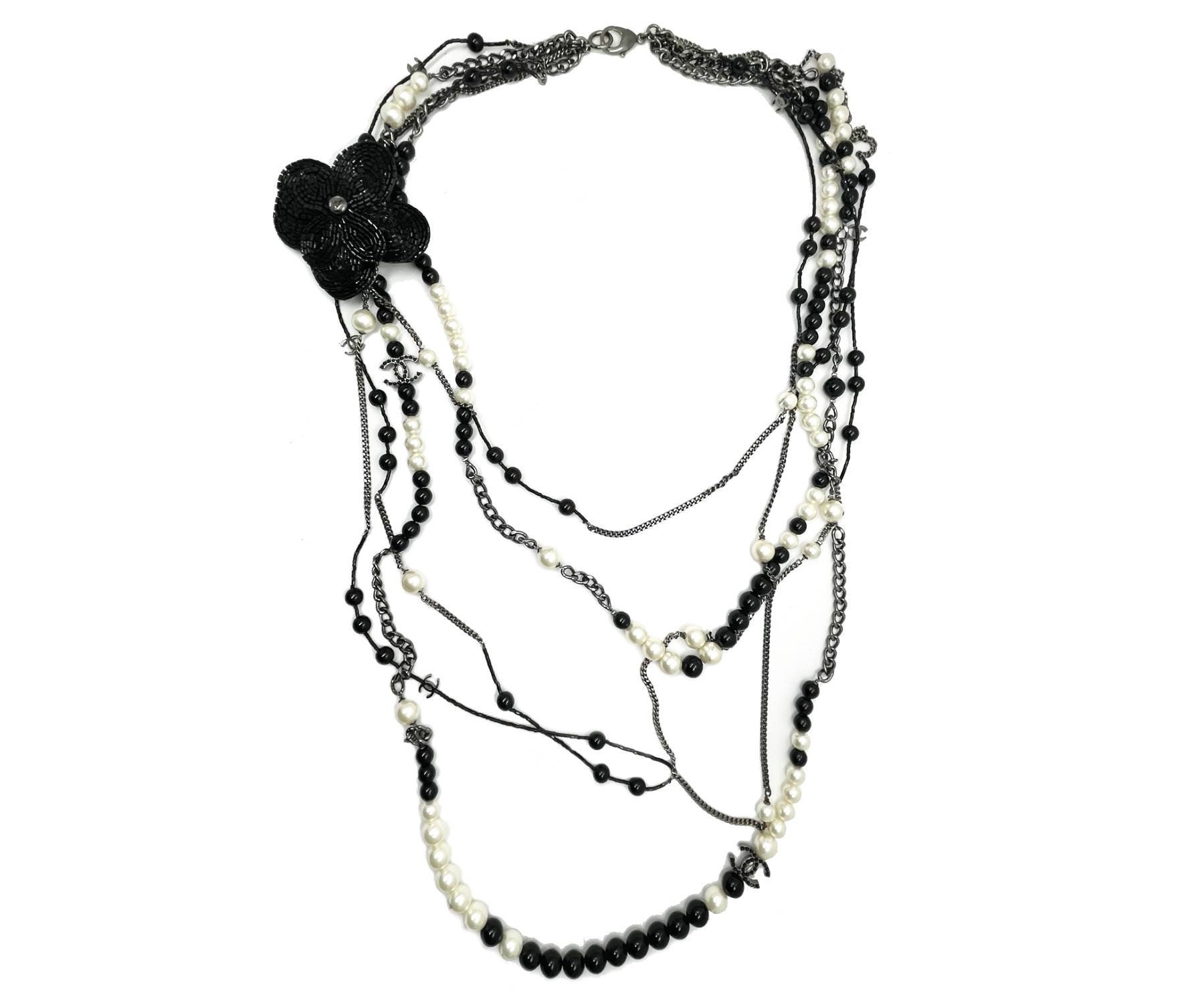 Chanel Black CC Beaded Flower Pin Black Bead Pearl 5 Strand