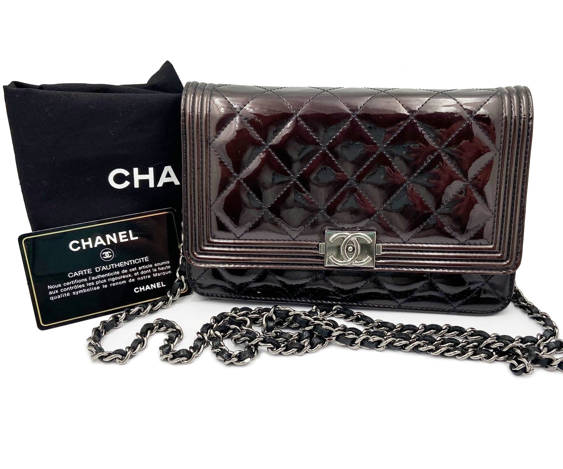 Chanel Burgundy Patent Leather Boy Wallet on Chain WOC Crossbody