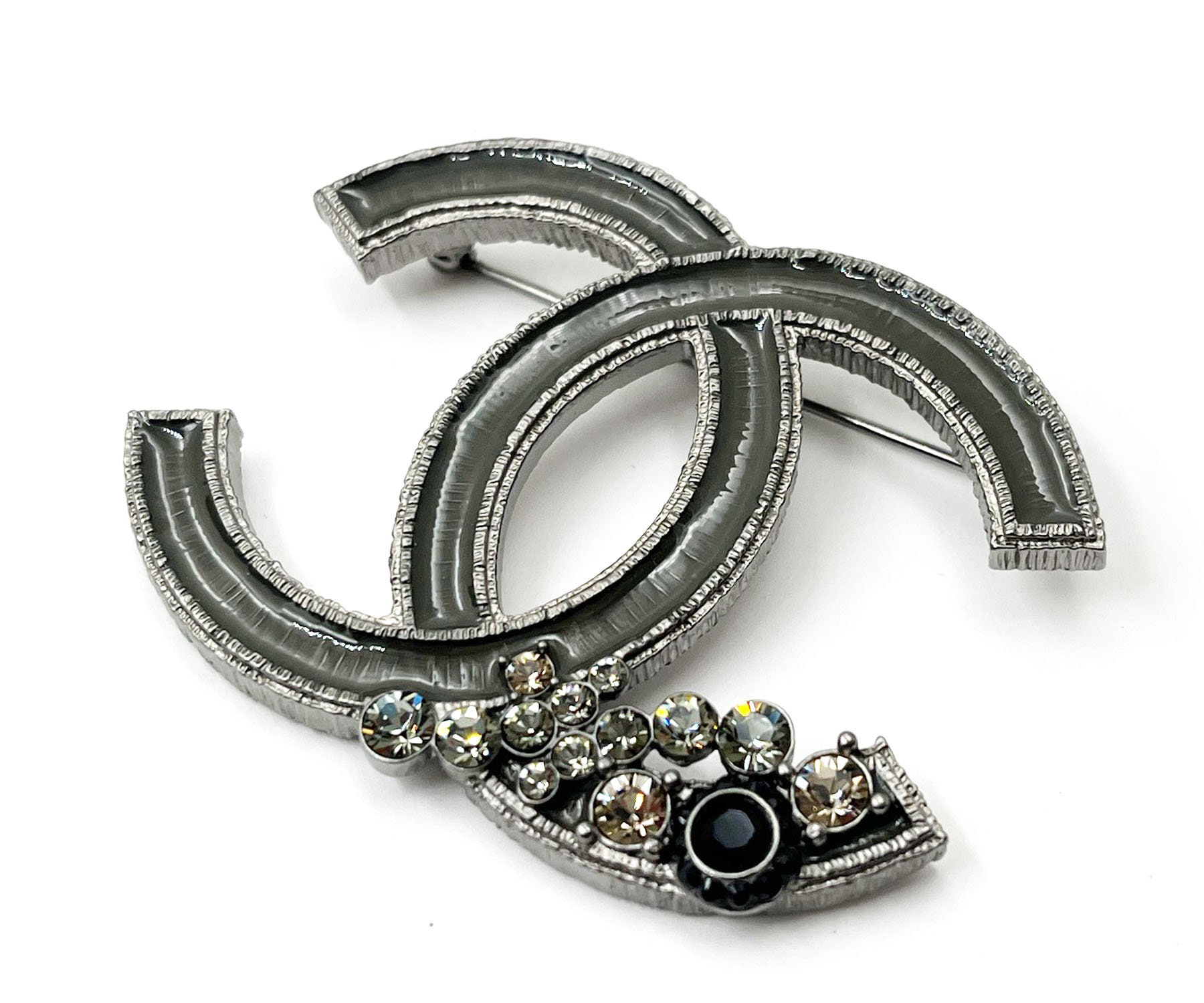 Chanel Grey Enamel CC Corner Crystals Large Brooch - LAR Vintage