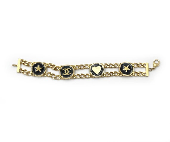 Chanel Vintage Gold Plated CC Heart Star Black Coin Bracelet 