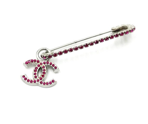 Chanel Silver CC Fuchsia Crystal Safety Pin - image 1