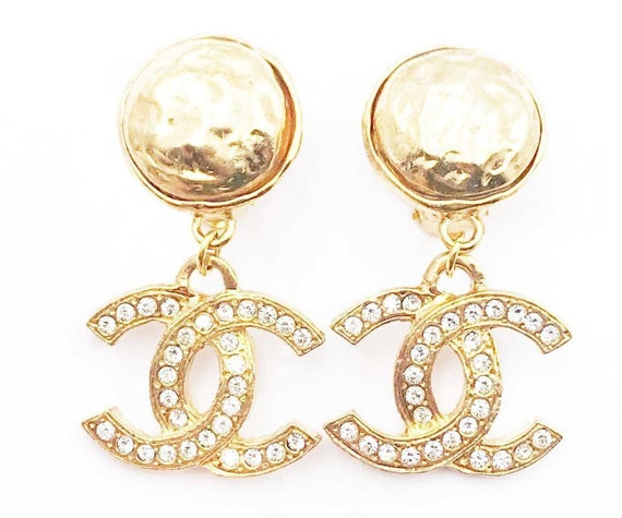Chanel Vintage Gold Plated Round Texture CC Crystal Dangle 
