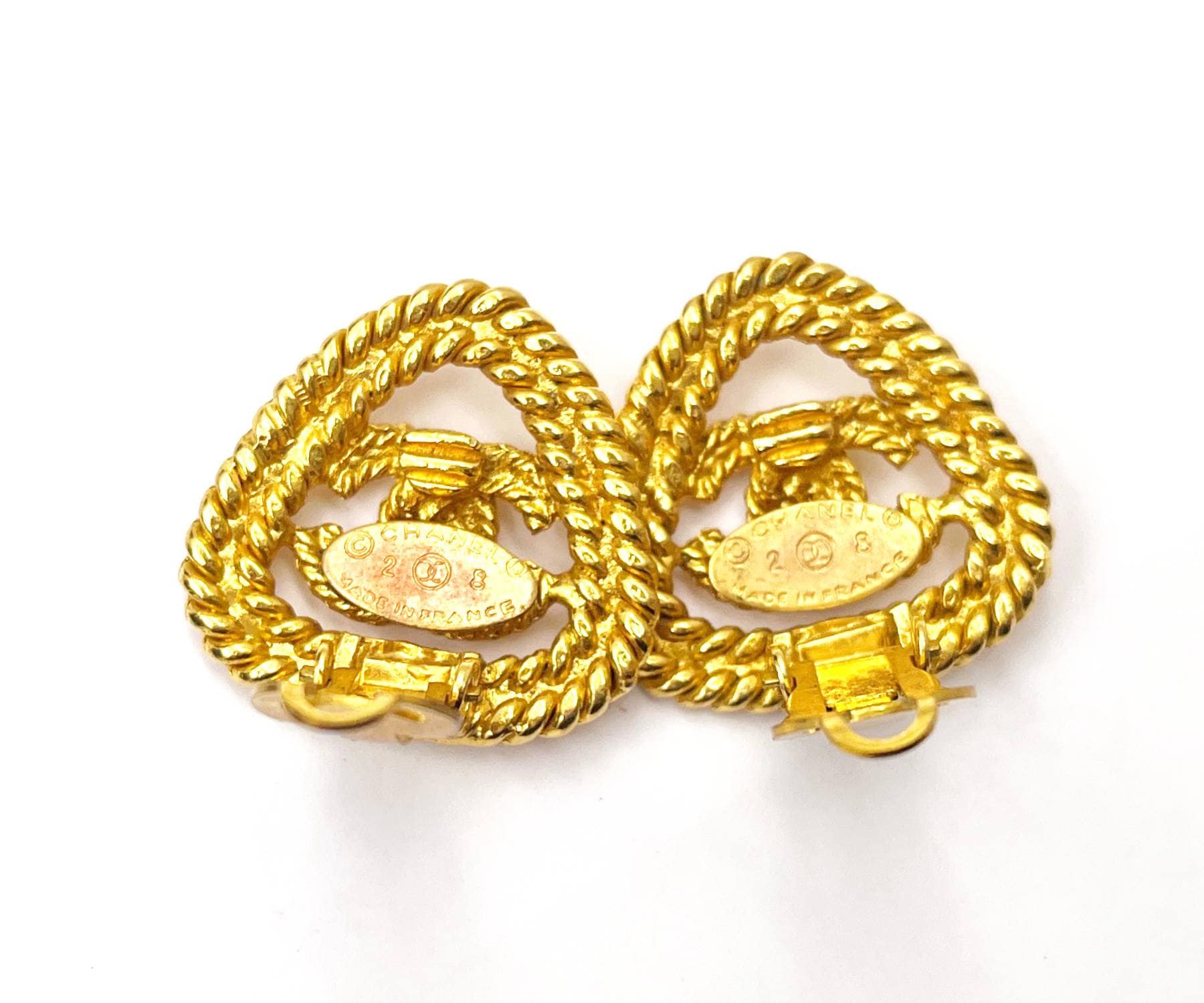 Chanel Vintage Gold Plated CC Rope Triangle Clip on Earrings 
