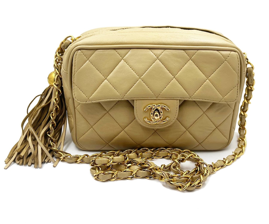 Chanel Vintage Beige Tassel Camera Small Cross Body Bag 