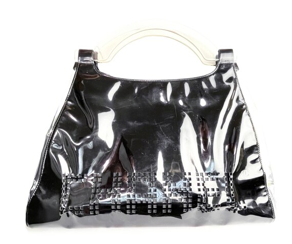 Chanel Black Patent Leather Punch Hole Clear Handle XXL Handbag - Etsy