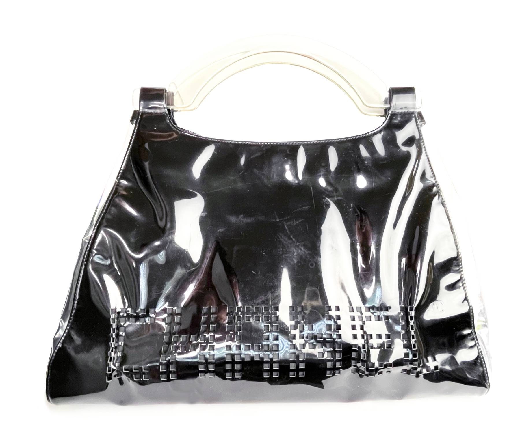 Chanel Black Patent Leather Punch Hole Clear Handle XXL Handbag - Etsy