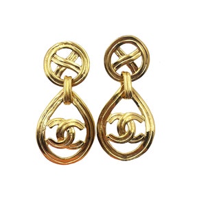 Chanel Vintage Gold Plated Round Texture CC Crystal Dangle Clip on Earrings - 2 Pieces