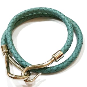 Authentic Hermes Light Blue Jumbo Hook Palladium Weaving Leather Bracelet /Choker