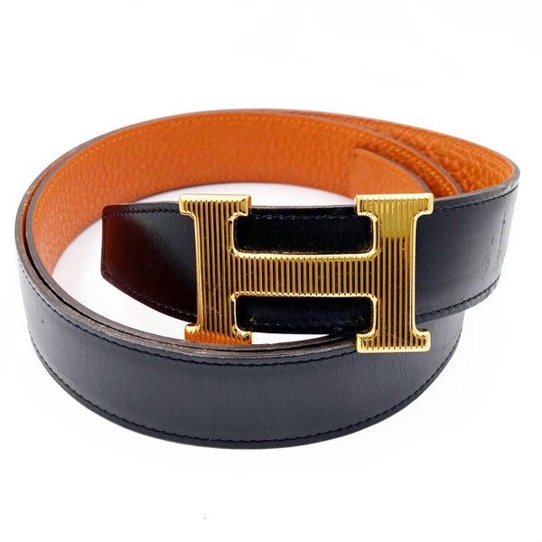 Hermes Rare Constance 35mm Gold Stripy H Black Orange Reversible Belt 90cm
