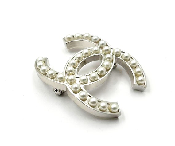 Chanel Classic Silver CC Pearl Brooch 