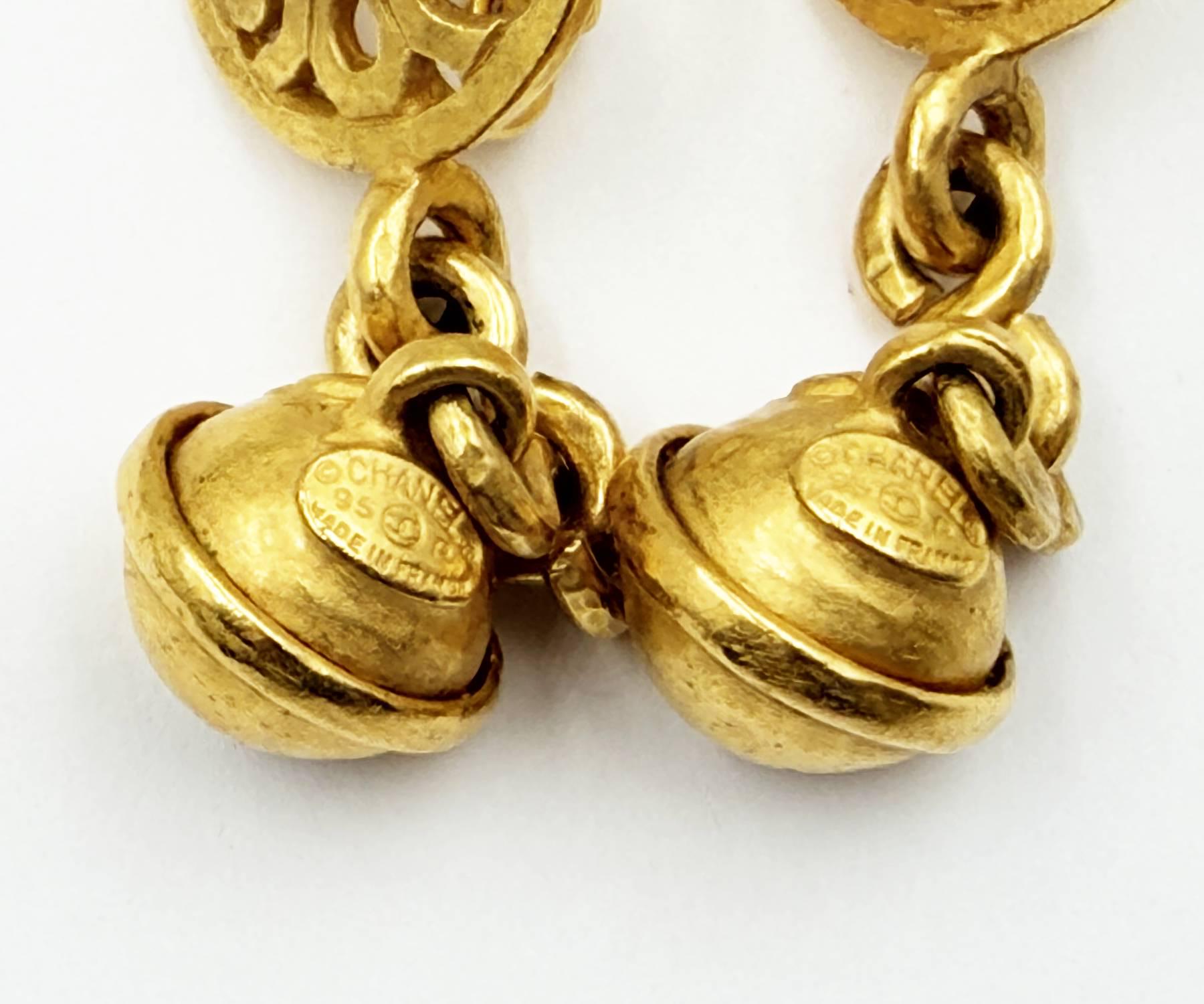Chanel Vintage Gold Plated CC Filigree Round Bell Dangle  display picture 3