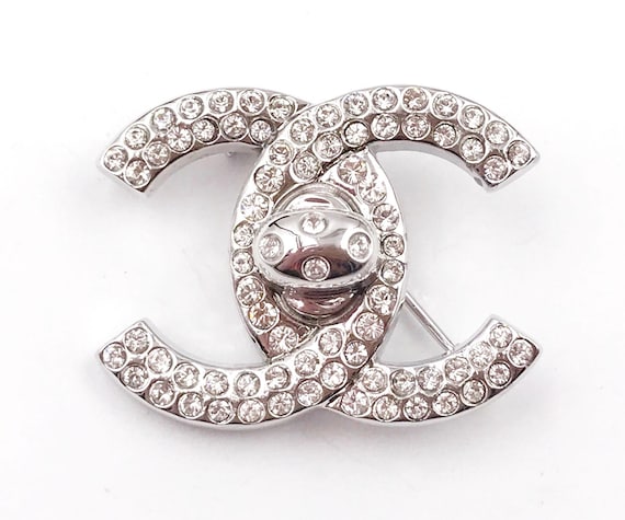Chanel Rare Vintage Silver CC Crystal Turnlock Brooch - Etsy