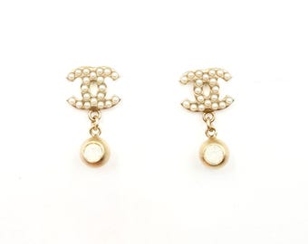 Chanel Vintage Gold Plated CC Pearl Opal Dangle Small Piercing Earrings