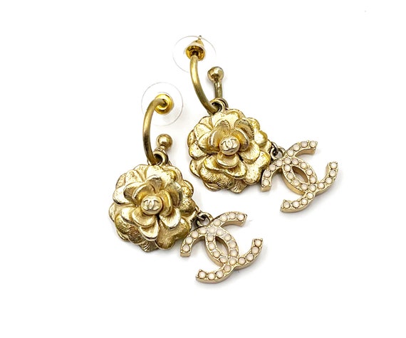 Chanel Gold Camellia Flower CC Opal Crystal Dangl… - image 2