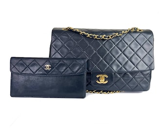 Chanel Vintage RARE Classic Flap Black Wallet Shoulder Bag Set