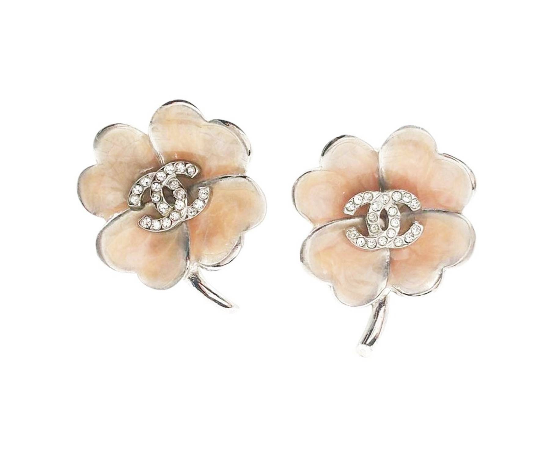 Buy Chanel Silver CC Crystal Pink Enamel Clover Clip on Earrings Online in  India 