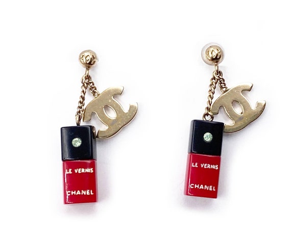 Chanel Silver Tone CC Black Ribbon Dangle Large Piercing Earrings, Chanel