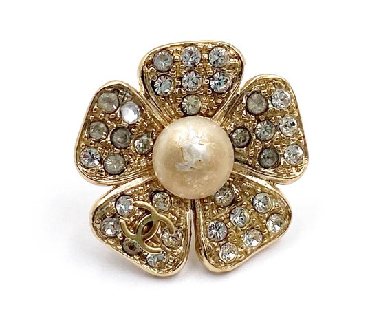 Chanel Vintage Classic Plated Flower Pearl Crystal Pin -