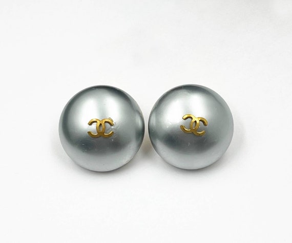 Chanel Vintage Gold Plated CC Light Blue Pearl Large Clip on Earrings