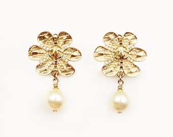Chanel Gold CC Lace Flower Pearl Dangle Clip on Earrings