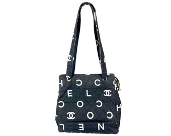 Chanel Vintage White Logo Black Canvas Tote Bag