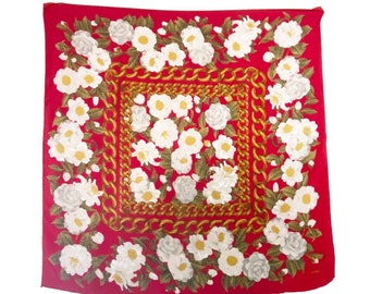 Chanel Vintage Silk White Camellia Red Scarf -  UK